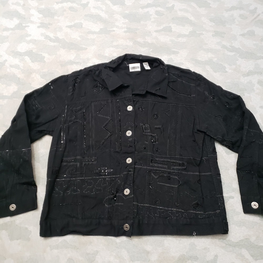 Chico's Jacket Womens Size 2 Black Sequin Button Front Lightweight